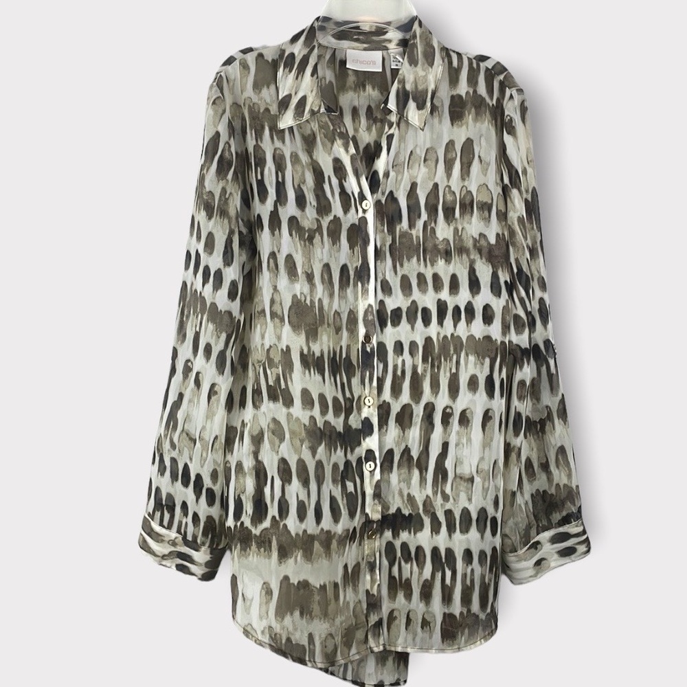 Chico’s size 1 (Size Med) Brown and Beige Gold button Roll Tab sleeve Top